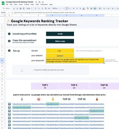 SEO ranking Google Sheet report preview