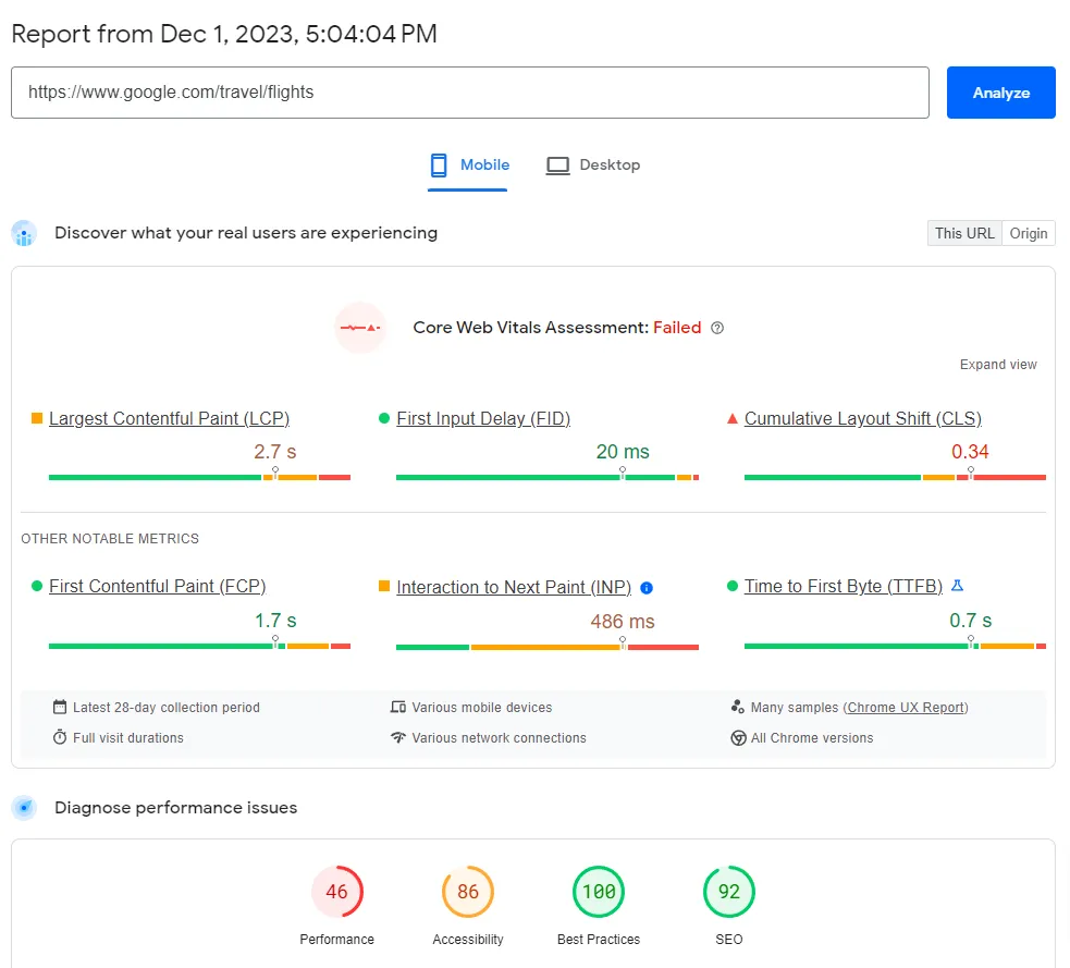 google flights pagespeed insights score december 2023