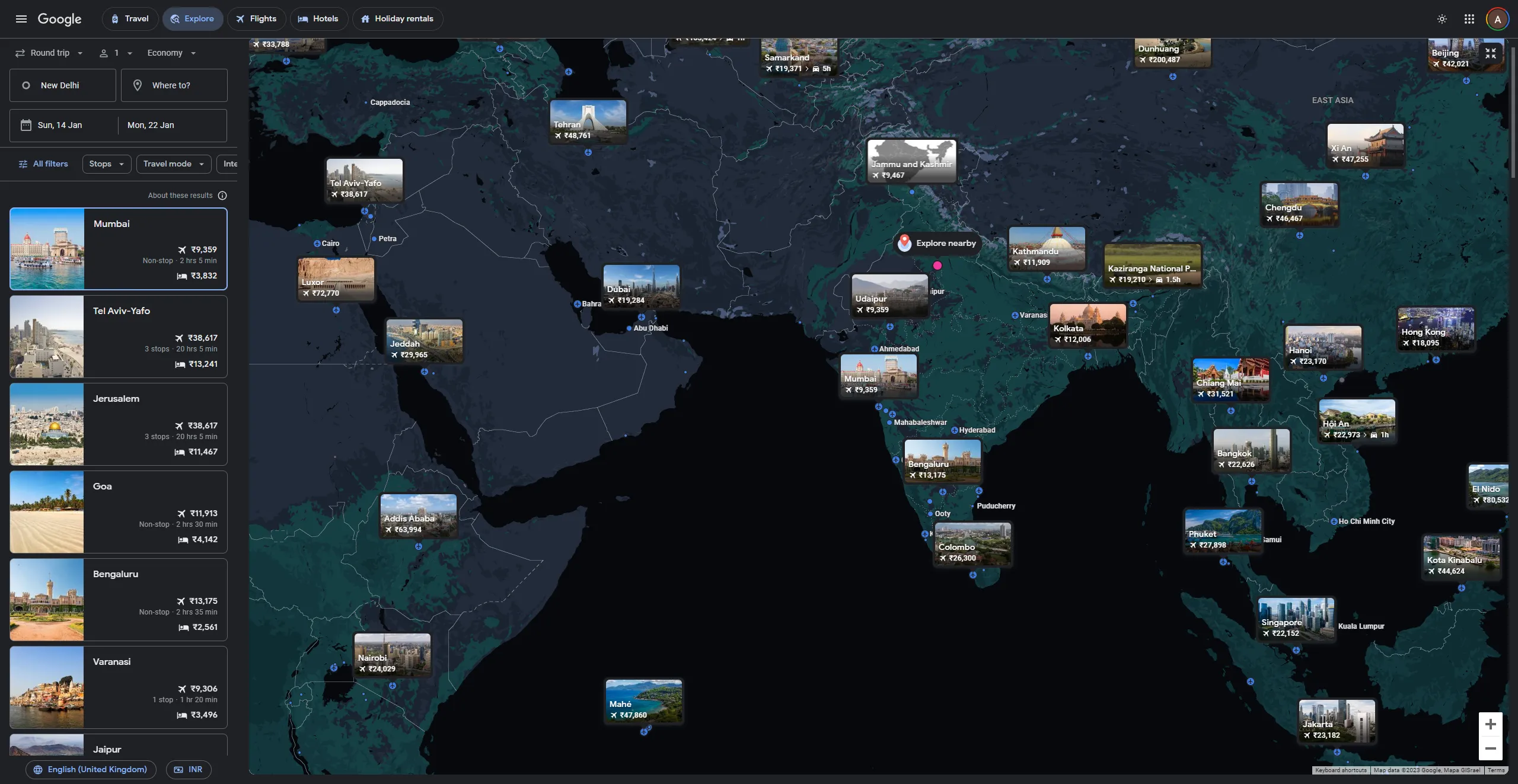 popular destinations comparison on google flights