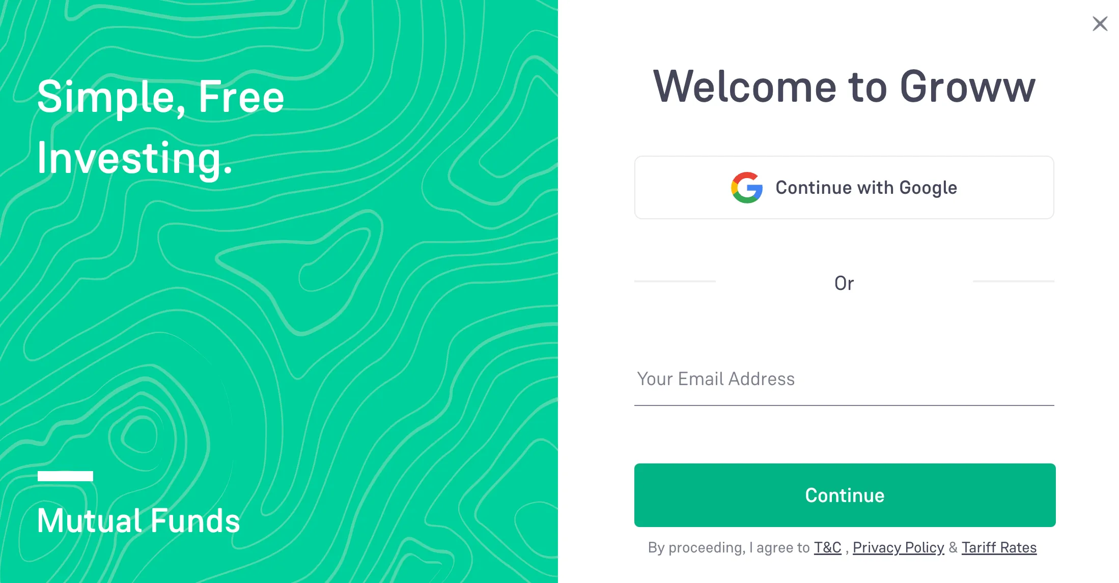 login and signup popup on groww website
