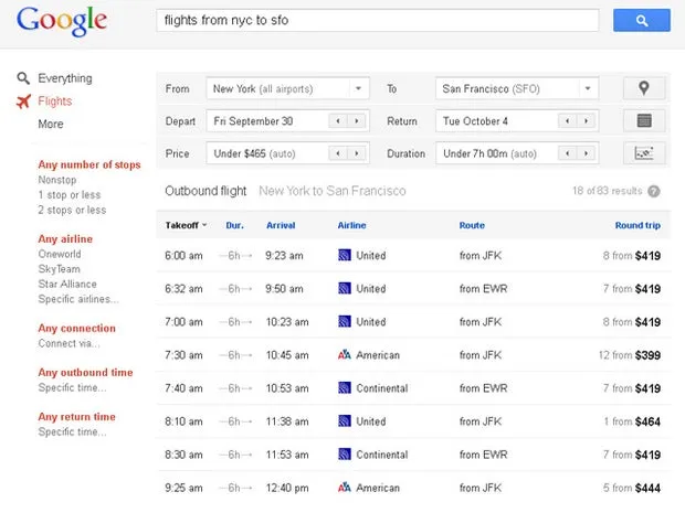 google flights 2011 user interface