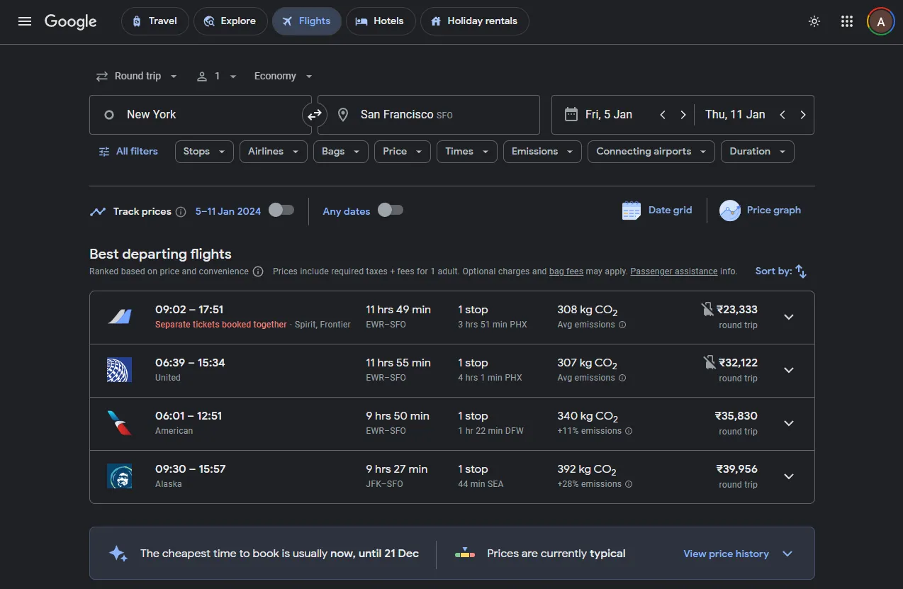 Google Flights current user interface