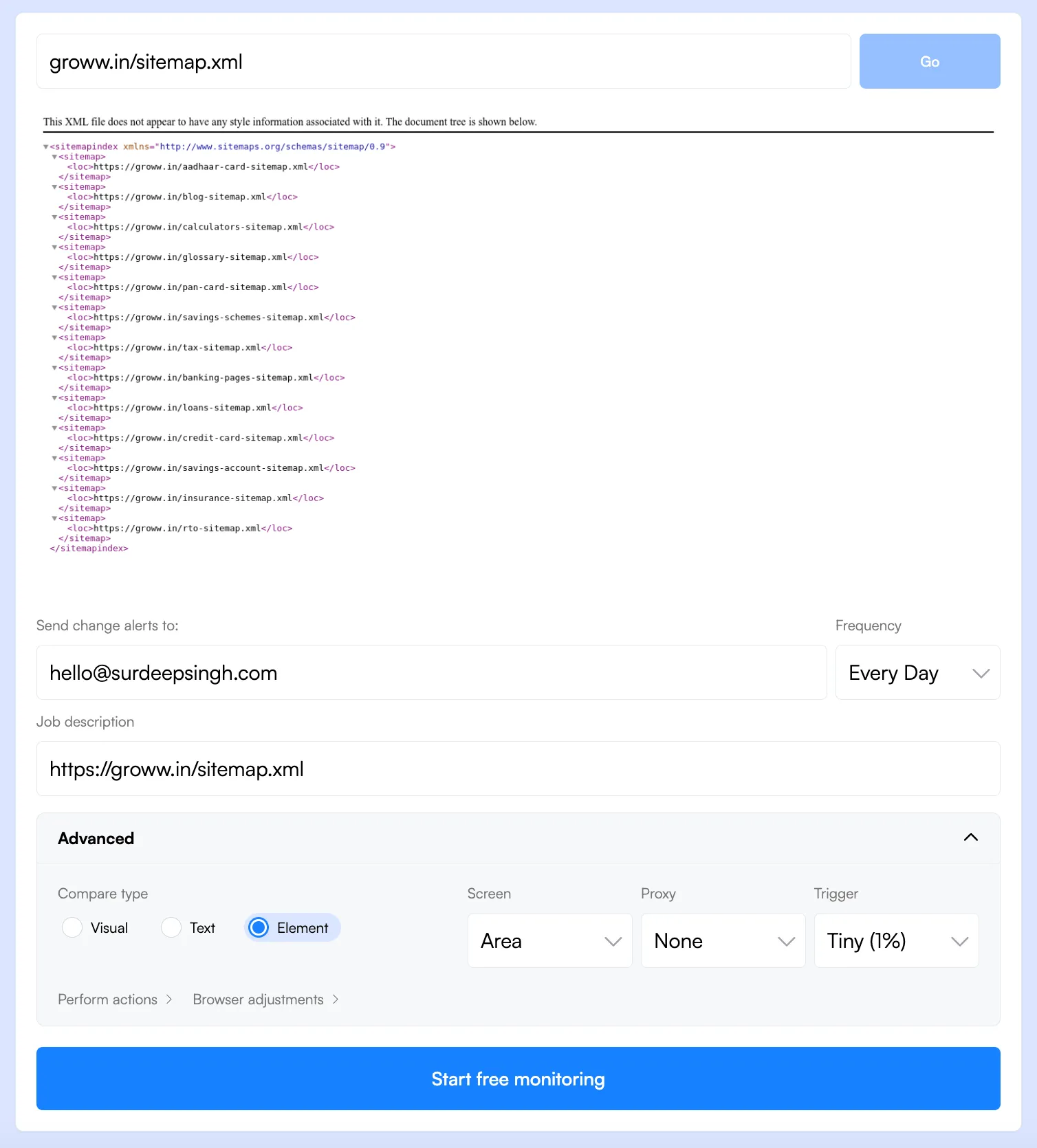 using visualping.io to track groww.in sitemap updates